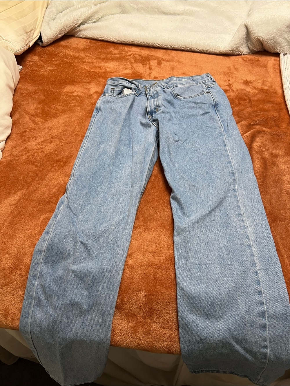 George Light Wash Denim Straight Leg Jeans with Gold Stitching